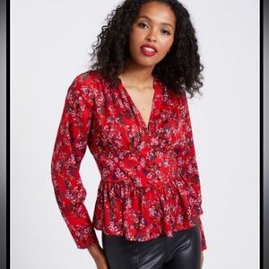 Savida Red Floral Button Down V Neck Peplum Blouse Sz L